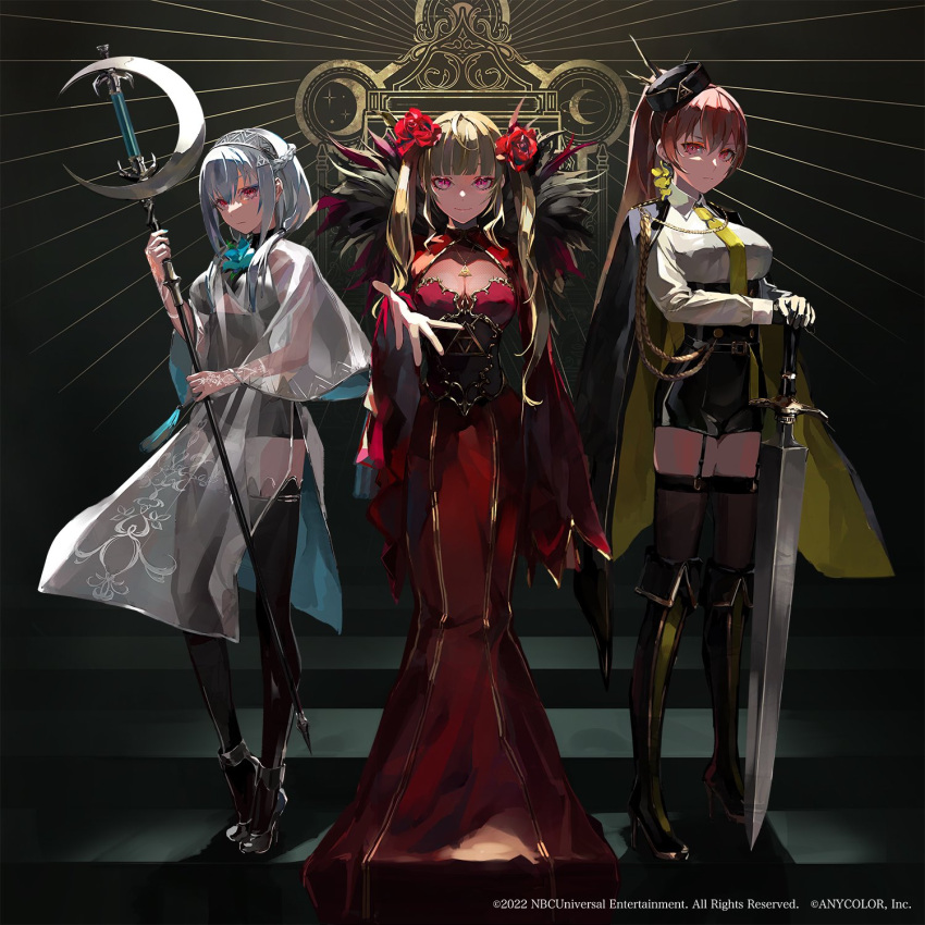3girls aiguillette album_cover bangs belt black_belt black_corset black_dress black_gloves black_headwear black_jacket black_pants black_thighhighs blunt_bangs braid breasts brown_hair claymore_(sword) cleavage cleavage_cutout clothing_cutout copyright_name corset cover crescent_moon dress earrings evening_gown expressionless flower flower_brooch flower_earrings frown fur-trimmed_dress fur_trim furen_e_lustario gloves gold_trim grey_hair hair_flower hair_ornament hairband hakase_fuyuki high-waist_shorts high_heels highres holding holding_staff holding_sword holding_weapon jacket jacket_on_shoulders jewelry lam_(ramdayo) large_breasts long_sleeves looking_at_viewer low_ponytail medium_breasts moon multiple_girls necklace necktie nijisanji open_clothes open_jacket outstretched_hand pants pendant purple_eyes red_dress red_eyes see-through shirt side_ponytail sidelocks smile spiked_headband staff stairs standing swept_bangs sword takamiya_rion thighhighs triangle_hair_ornament triangle_print twintails two-sided_fabric two-sided_jacket virtual_youtuber weapon white_hair white_shirt wide_sleeves yellow_jacket yellow_necktie