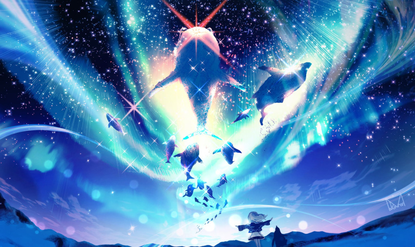 1girl aurora bird black_jacket dolphin dress flying_whale highres jacket long_hair makoron117117 night night_sky original outdoors outstretched_arms penguin scenery sky solo spread_arms star_(sky) starry_sky whale