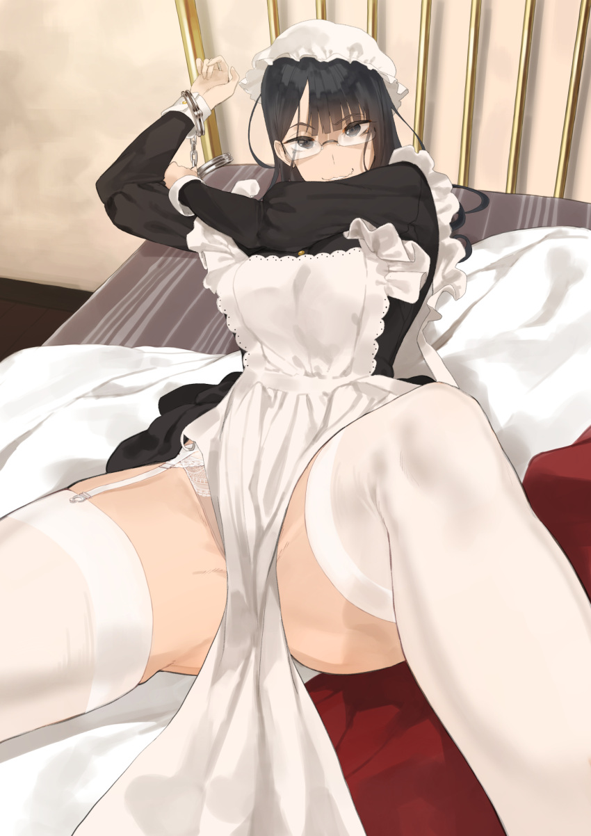 1girl apron bed black_dress black_eyes black_hair breasts clothes_lift commentary cuffs dress dress_lift foreshortening garter_straps glass handcuffs hat highres indoors juliet_sleeves long_hair long_sleeves looking_at_viewer lying mob_cap on_back on_bed original panties panty_peek puffy_sleeves restrained semi-rimless_eyewear solo spread_legs stomach symbol-only_commentary thighhighs throtem underwear wavy_mouth white_apron white_thighhighs