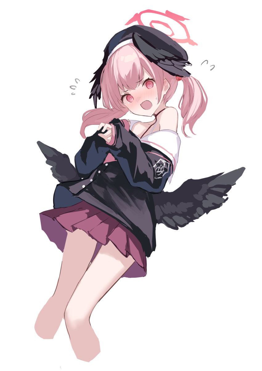 beret black_headwear black_wings blue_archive feathered_wings flying_sweatdrops halo hat head_wings highres koharu_(blue_archive) low_wings miniskirt neckerchief pink_eyes pink_hair pink_neckerchief sailor_collar skirt sleeves_past_wrists takashima_shoa twintails white_sailor_collar winged_hat wings