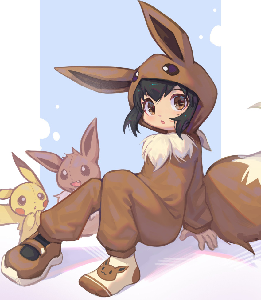 animate_inanimate black_hair brown_body brown_clothing brown_eyes brown_footwear brown_onesie brown_shoes brown_socks clothed clothing dipstick_ears eevee emolga_1 female footwear generation_1_pokemon glistening glistening_eyes group hair head_tuft hi_res human living_plushie looking_at_viewer mammal messy_hair multicolored_ears nintendo onesie open_mouth open_smile pikachu plushie pokemon pokemon_(species) shoes simple_background sitting smile socks tan_body tan_skin tan_socks trio tuft unsigned yellow_body young