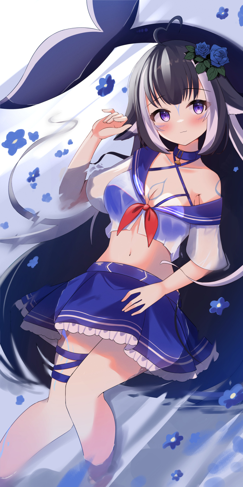 1girl absurdres ahoge animal_ears belt belt_collar bikini bikini_under_clothes black_hair blue_bikini blue_collar blue_skirt body_markings breasts cetacean_tail cleavage collar fish_tail flower hair_flower hair_ornament heart heart_ahoge highres indie_virtual_youtuber kawaiipony2 large_breasts long_hair multicolored_hair navel orca_girl purple_eyes school_uniform see-through see-through_shirt serafuku shirt shylily skirt streaked_hair swimsuit tail thigh_strap virtual_youtuber white_hair white_serafuku white_shirt