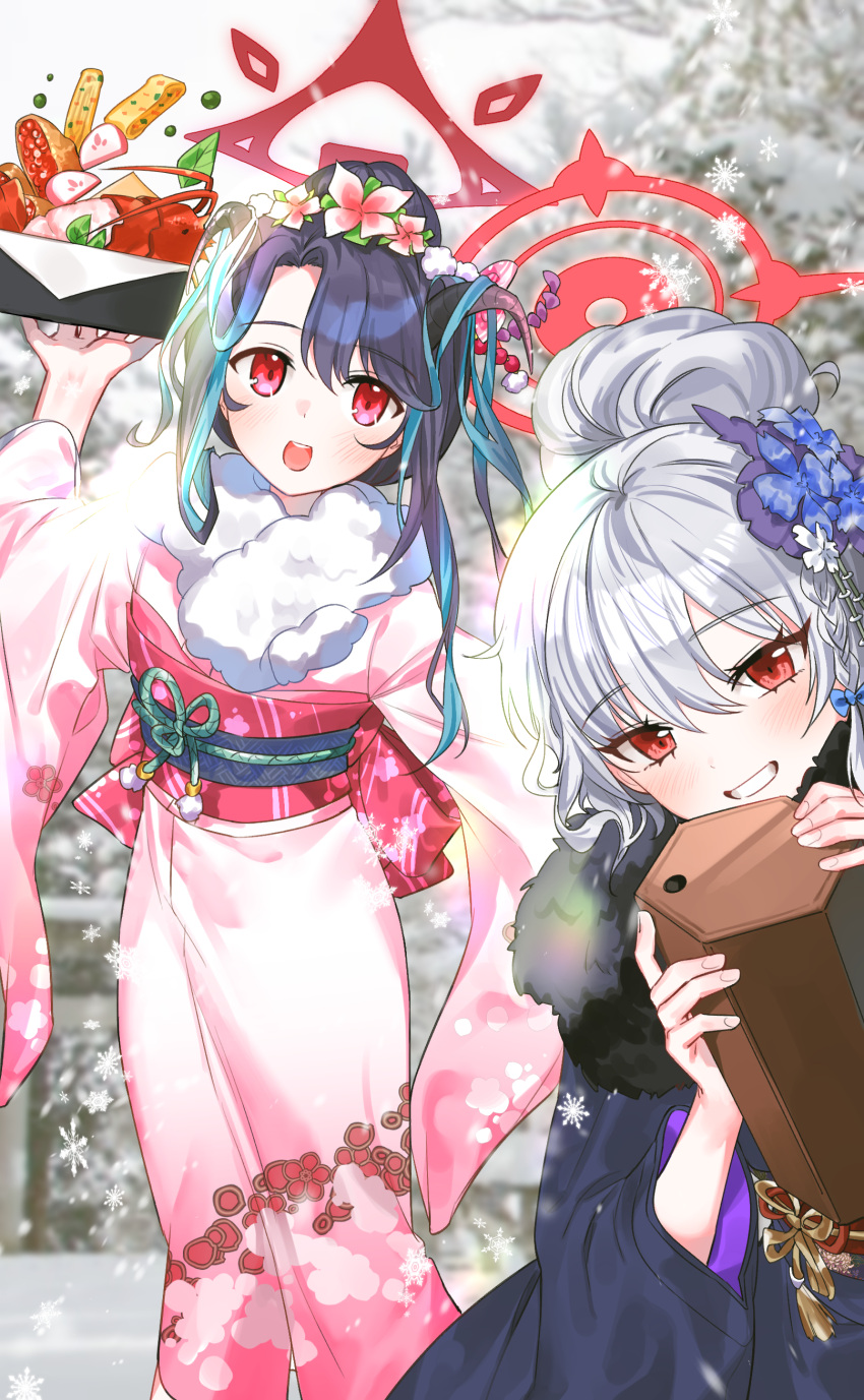 1girl absurdres blue_archive demon_wings flower fuuka_(blue_archive) hair_flower hair_ornament halo happy_new_year haruna_(blue_archive) haruna_(new_year)_(blue_archive) highres japanese_clothes kimono looking_at_viewer red_eyes renirum_14 white_hair wings