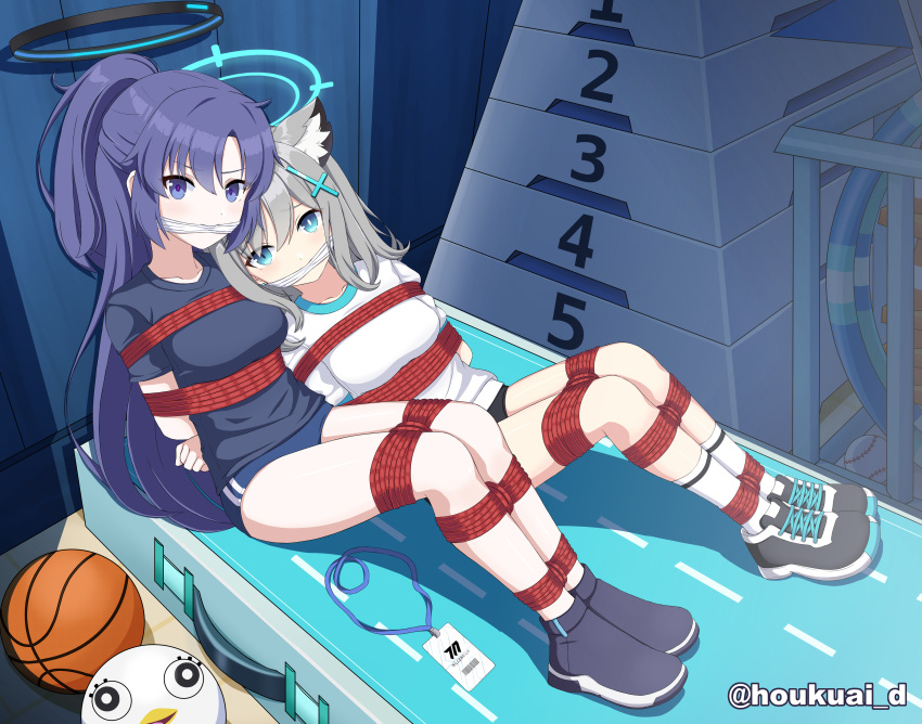 2girls absurdres bare_legs basketball blue_archive blue_eyes blue_hair buruma grey_hair gym_shirt gym_uniform hair_ornament hairpin highres houk_d_ai multiple_girls shiroko_(blue_archive) shirt shoes sneakers socks thighs white_socks yuuka_(blue_archive) yuuka_(gym_uniform)_(blue_archive)