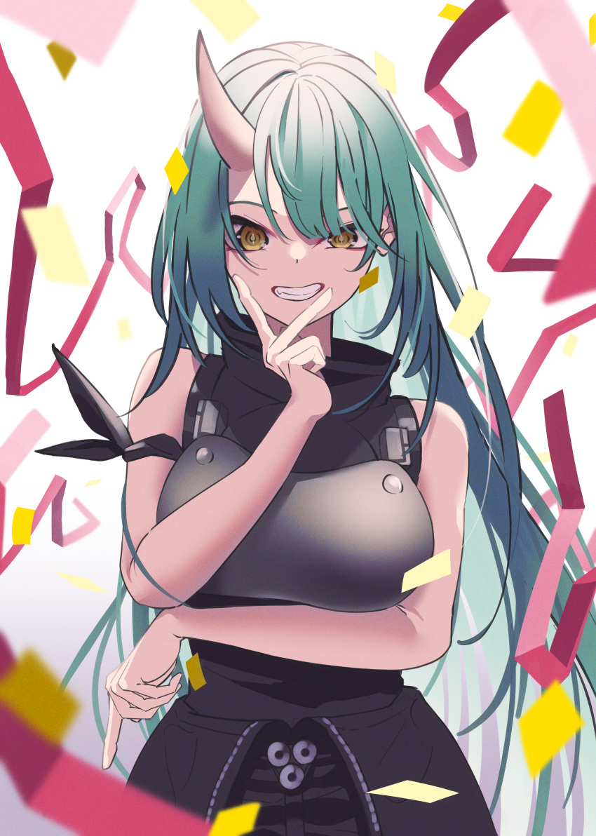 1girl absurdres arknights armor bangs bare_shoulders breastplate breasts confetti cowboy_shot green_hair grin highres horns hoshiguma_(arknights) kokawaaokawa large_breasts long_hair looking_at_viewer oni_horns simple_background single_horn skin-covered_horns sleeveless smile solo v_over_mouth very_long_hair white_background yellow_eyes