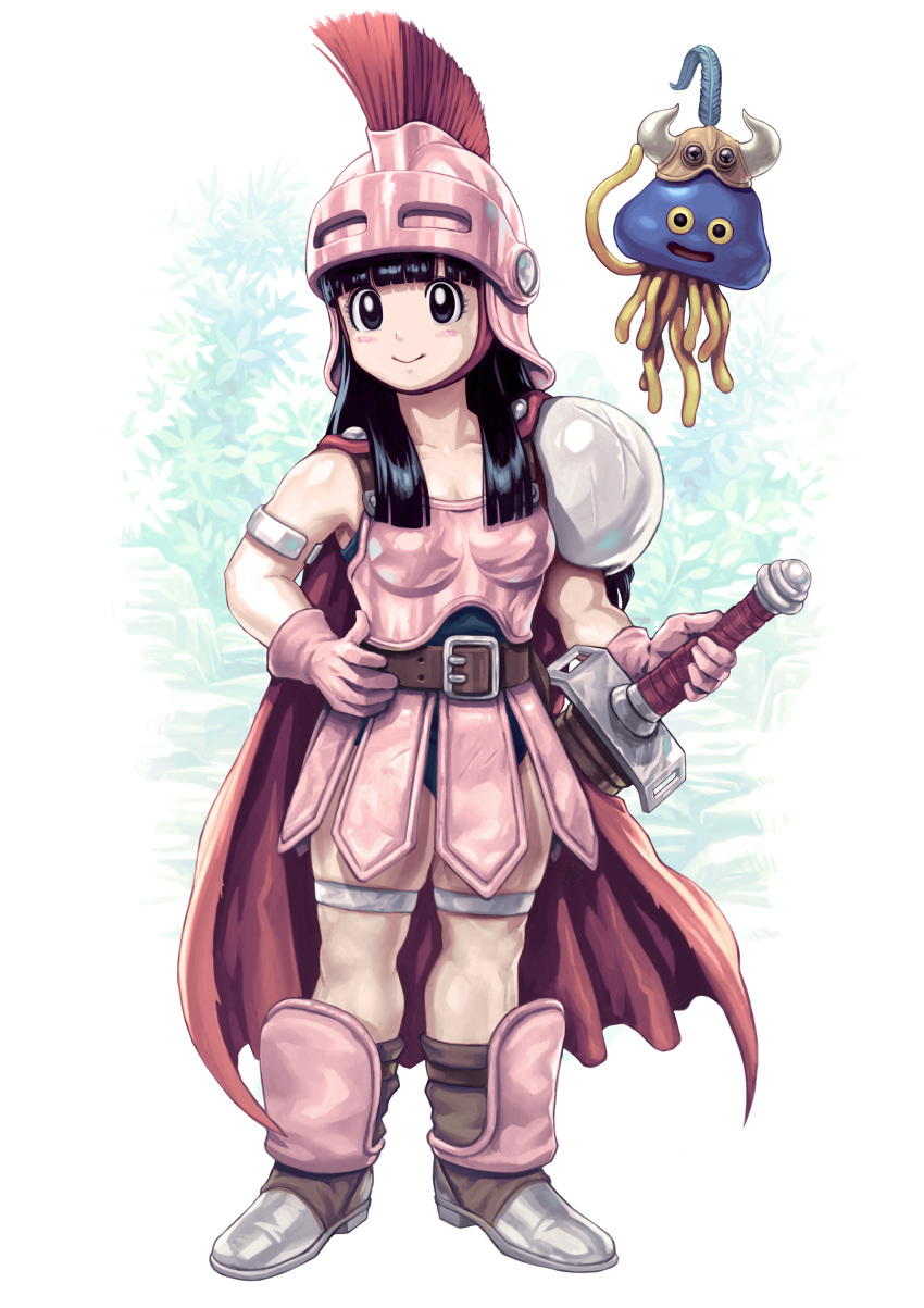 1girl absurdres armor black_eyes black_hair black_leotard boobplate boots breastplate cape chi-chi_(dragon_ball) closed_mouth dragon_quest full_body gloves helmet highres hoimi_slime holding holding_sword holding_weapon leotard looking_at_viewer pauldrons pink_gloves plume red_cape sakkan shoulder_armor single_pauldron smile solo standing sword thighlet weapon