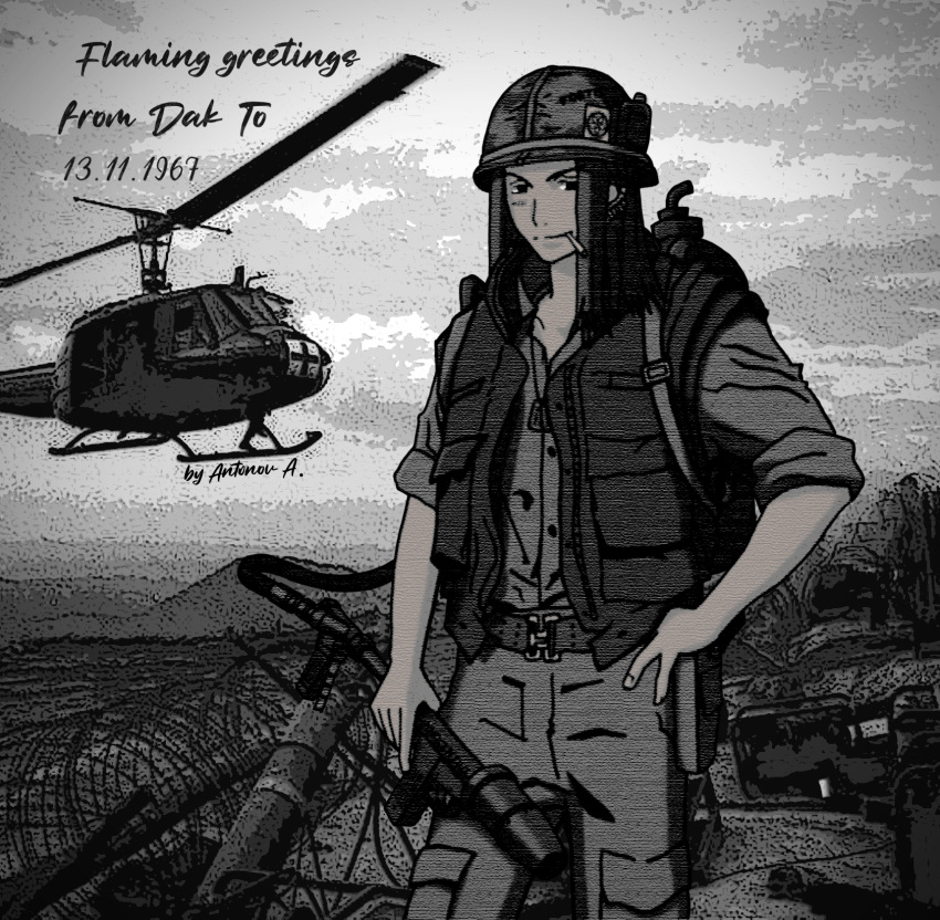 1boy aircraft cigarette flamethrower helicopter helmet highres jungle long_hair military military_uniform nature non-web_source soldier solo standing stiyl_magnus toaru_kagaku_no_railgun toaru_majutsu_no_index uh-1_iroquois uniform vietnam_war war weapon