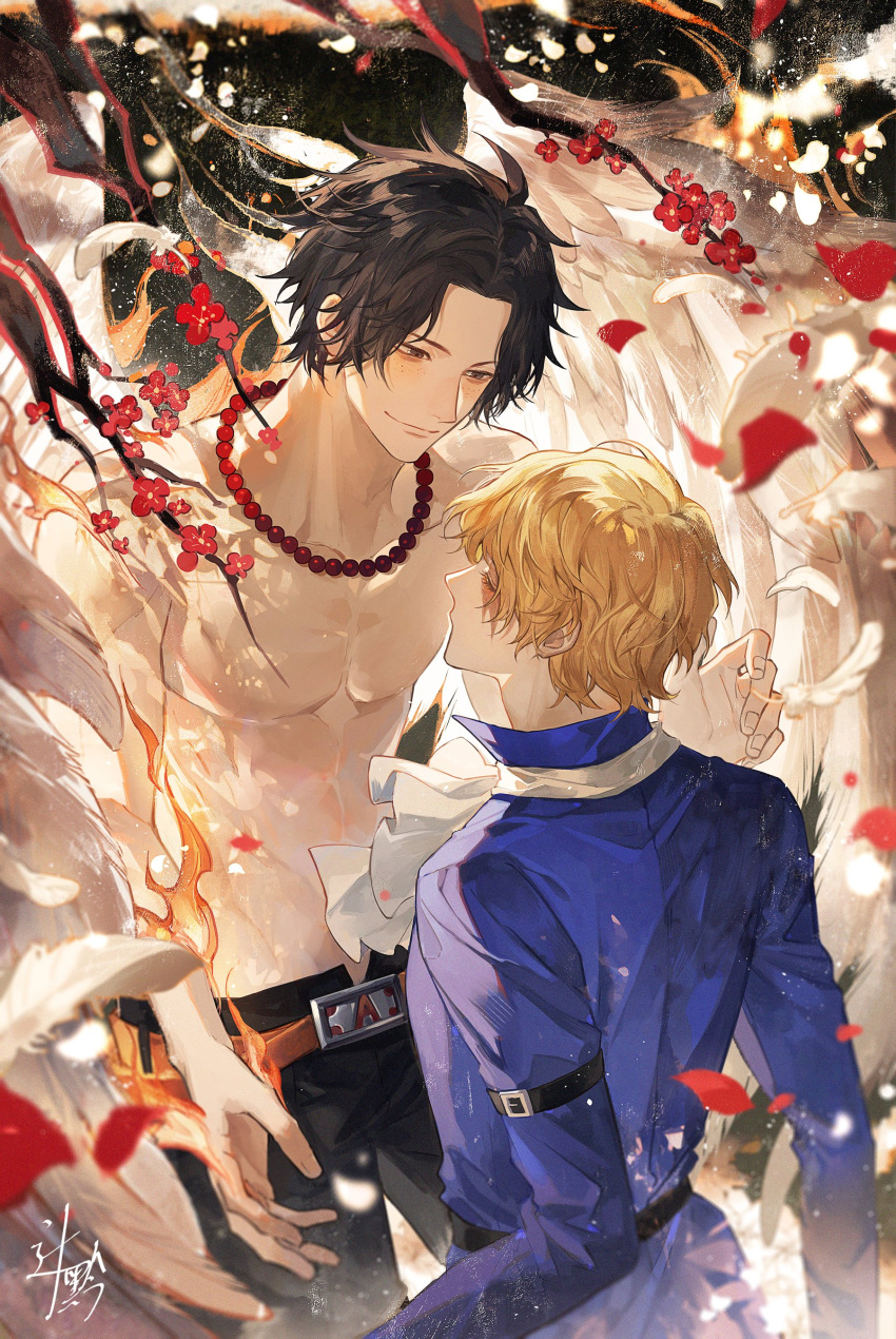 2boys absurdres ascot bare_tree bead_necklace beads black_pants blonde_hair blue_shirt closed_eyes floral_background flower from_side highres jewelry male_focus multiple_boys necklace one_piece pants portgas_d._ace red_flower sabo_(one_piece) scar scar_across_eye shirt short_hair smile smoke sqloveraven toned toned_male tree