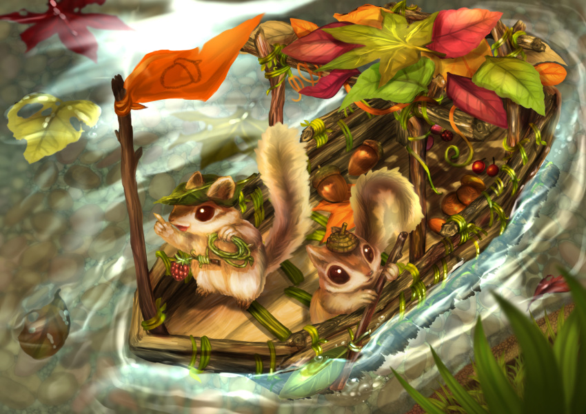 acorn acorn_print animal animal_focus autumn berry boat clip_studio_paint_(medium) commentary_request ears_through_headwear flag grass highres holding leaf ninjya_palette no_humans oar open_mouth original outdoors plant reflection reflective_water river shadow squirrel tail twig vines watercraft