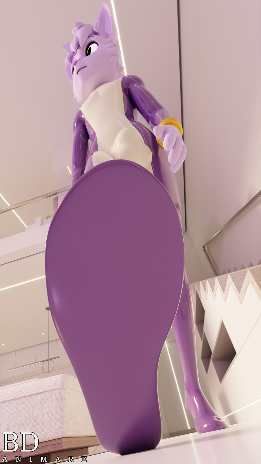 4_fingers 4k 9:16 absurd_res anthro bdanimare bodysuit bulge clothed clothing feet fingers fur hair hi_res latex macro male micro purple_body purple_clothing purple_fur purple_hair purple_nose rubber skinsuit smil soles solo standing tight_clothing unaware unnamed_purple_cat_(ducky) walking