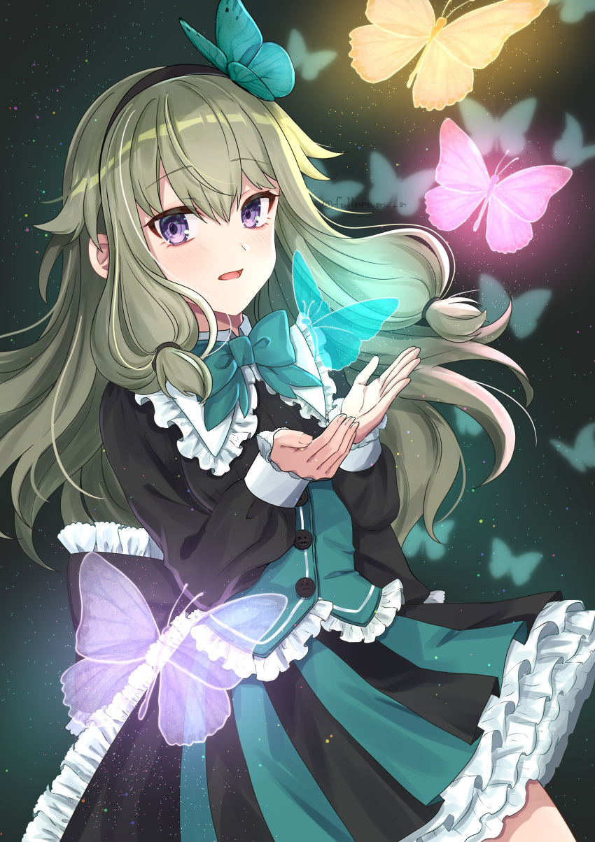 1girl absurdres adapted_costume black_hairband black_jacket blue_butterfly blush bug butterfly butterfly_hair_ornament dress frilled_dress frilled_shirt_collar frills green_hair green_vest hair_ornament hairband highres jacket kusanagi_nene light_particles long_hair looking_at_viewer low-tied_long_hair michikake open_mouth pink_butterfly project_sekai purple_eyes solo vest w_arms yellow_butterfly