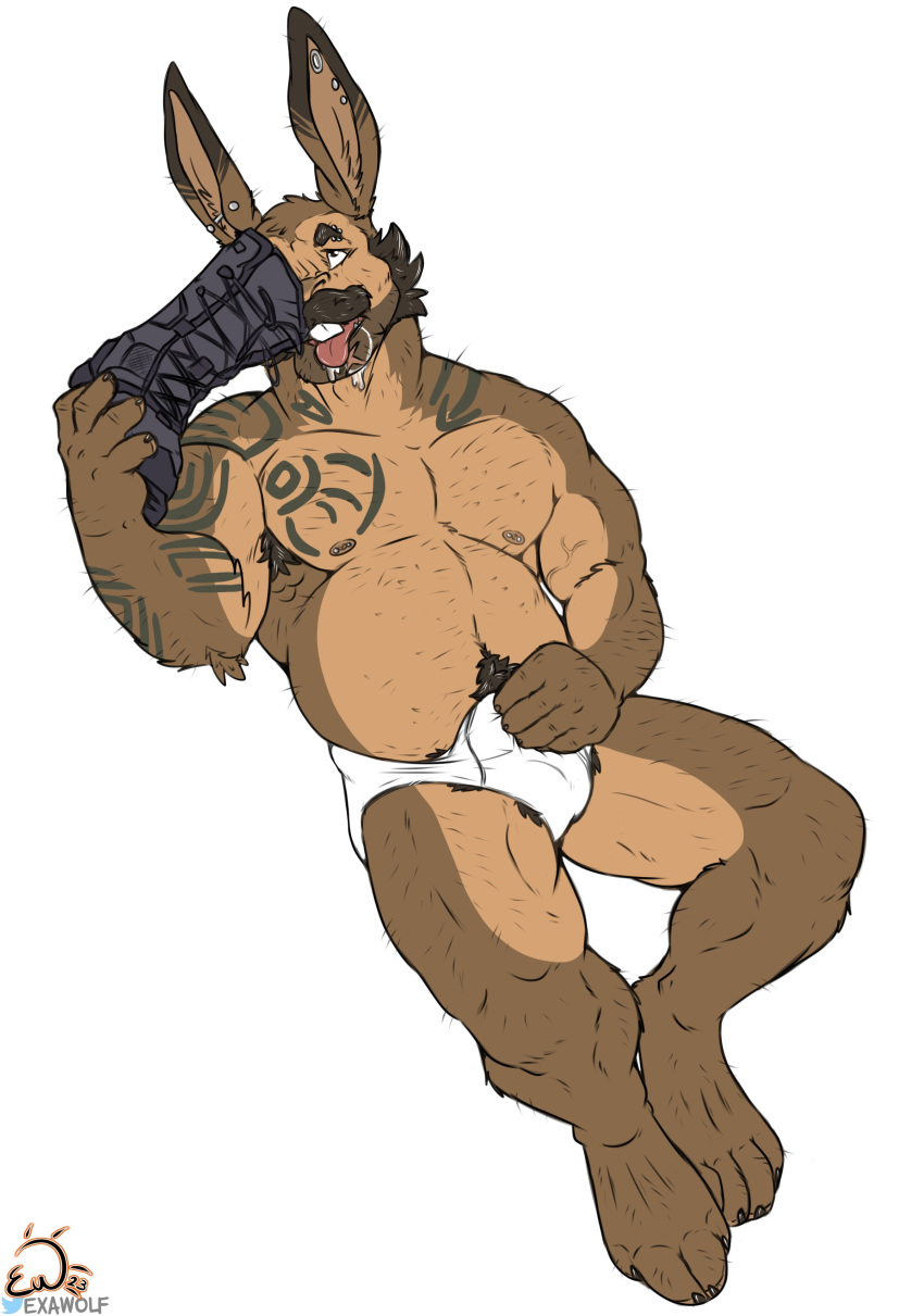 2023 abs absurd_res anthro arm_tattoo arm_tuft armpit_hair biceps big_feet bodily_fluids body_hair body_tattoo boots briefs briefs_only bulge chest_hair chest_tattoo clothed clothing drooling ear_piercing elbow_tuft erection_under_bottomwear exawolf facial_hair feet fondling footwear hairy_arms hairy_legs hi_res lagomorph leather leather_boots leather_clothing leather_footwear leporid male mammal manly mature_male muscular muscular_legs muscular_male mustache nipples open_mouth pecs piercing pubes rabbit reclining saliva shoulder_tattoo sideburns simple_background sniffing solo stubble tattoo tighty_whities tongue tongue_out topless triceps tuft underwear underwear_only white_background white_briefs white_clothing white_underwear