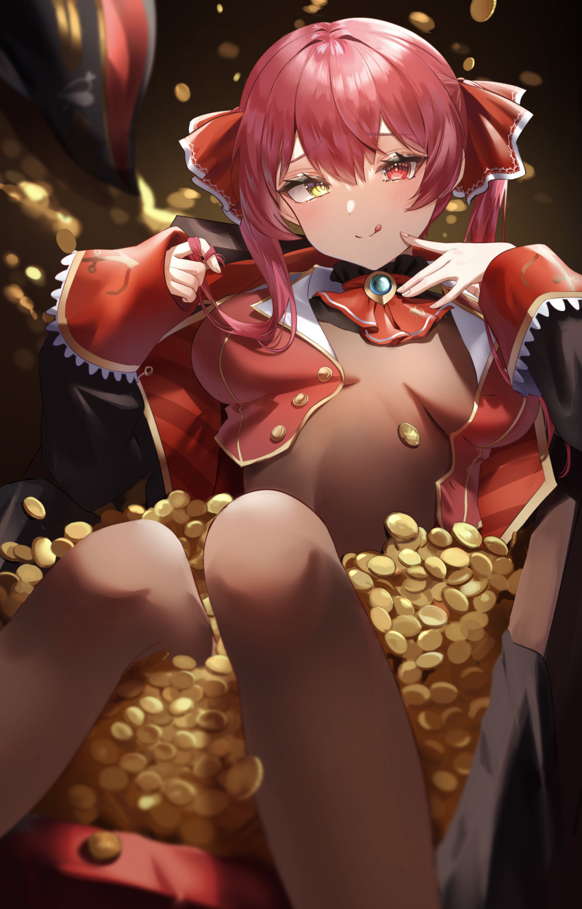 1girl :q absurdres ascot black_jacket breasts breasts_apart brooch closed_mouth coin commentary_request cropped_jacket cropped_vest gold_coin gold_trim hands_up hat hat_removed headwear_removed heterochromia highres hololive houshou_marine jacket jewelry knees_up large_breasts licking_lips long_hair looking_at_viewer lucy_(rusi-juren328) lying multicolored_clothes multicolored_jacket on_back open_clothes open_jacket pirate_hat playing_with_own_hair raised_eyebrows red_ascot red_eyes red_hair red_jacket sleeveless sleeveless_jacket solo tongue tongue_out treasure_chest twintails two-tone_jacket vest virtual_youtuber yellow_eyes