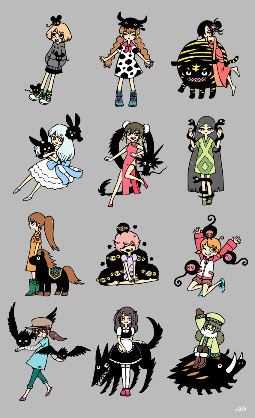 6+girls animal_print anklet apron aqua_footwear aqua_shirt bangs bare_legs barefoot bird black_dress black_hair blonde_hair blue_eyes blue_footwear blush boots bow braid brown_footwear brown_gloves brown_hair brown_headwear brown_shorts bun_cover chicken china_dress chinese_clothes chinese_zodiac closed_eyes cow_print dog double_bun dragon drawstring dress earrings flower fur_trim garouma glasses gloves goat goat_horns green_dress green_footwear green_hair green_pants grey_background grey_footwear grey_hair grey_hoodie hair_bow hair_bun hair_flower hair_ornament hair_over_one_eye hands_up hat highres hood hood_down hoodie horns horse jewelry layered_sleeves long_hair long_sleeves looking_at_viewer monkey mouse multiple_girls one_eye_closed orange_dress orange_hair original ox_horns pants parted_lips pig pink_dress pink_hair ponytail print_dress purple_shirt purple_shorts rabbit red-framed_eyewear red_bow red_dress red_eyes red_flower red_footwear rooster shirt shoes short_hair short_over_long_sleeves short_sleeves shorts simple_background sleeves_past_wrists smile snake thighhighs tiger twin_braids very_long_hair white_apron white_dress white_hair white_thighhighs winter_clothes zipper_pull_tab