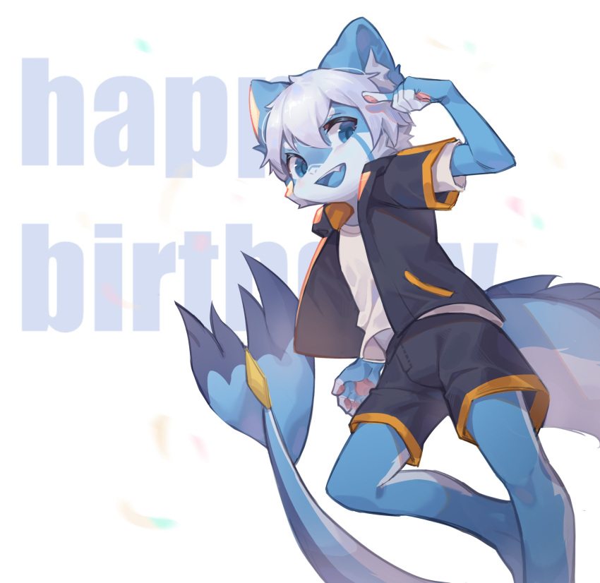 anthro black_bottomwear black_clothing black_jacket black_shorts black_topwear blue_body blue_ears blue_eyes blue_pupils blue_tail blue_tongue bottomwear child clothed clothing emolga_1 english_text fangs fingerpads glistening glistening_eyes hair hi_res inner_ear_fluff jacket male open_mouth open_smile pawpads pink_pawpads pupils shorts simple_background smile solo species_request standing tail teeth text tongue topwear tuft white_clothing white_hair white_inner_ear_fluff white_topwear young