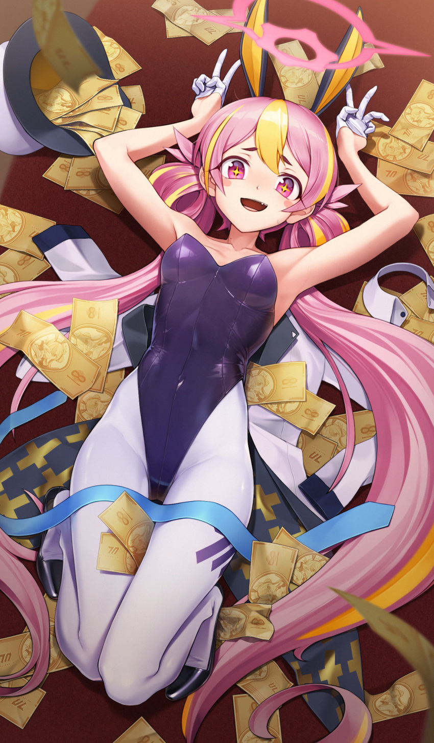 +_+ 1girl animal_ears armpits arms_up blonde_hair blue_archive blue_necktie breasts detached_collar fake_animal_ears hair_rings hands_up hat high_heels highres knees_up koyuki_(blue_archive) leotard long_hair low_twintails lying money multicolored_hair necktie on_back open_mouth pantyhose pink_eyes pink_hair playboy_bunny rabbit_ears randle small_breasts smile strapless strapless_leotard top_hat twintails two-tone_hair v