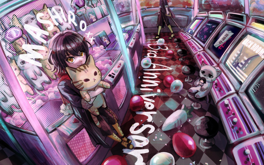 1boy 459_331000 androgynous arcade arcade_cabinet black_hair blue_coat boots bow coat crane_game fur-trimmed_scarf fur_trim hair_bow hair_ornament hairpin highres holding holding_shovel looking_at_viewer mashiro_(nijisanji) nijisanji otoko_no_ko red_scarf scarf short_hair shovel smile stuffed_animal stuffed_cat stuffed_toy thigh_boots virtual_youtuber yellow_eyes yellow_footwear