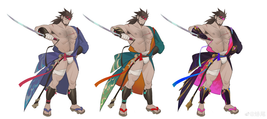 1boy abs absurdres alternate_costume armor armpit_hair armpit_peek bandaged_leg bandages bara bare_pectorals beard black_kimono blue_kimono brown_hair bulge chest_hair commission cross_scar eyepatch facial_hair frde full_body fundoshi green_kimono hadanugi_dousa highres holding holding_sword holding_weapon japanese_armor japanese_clothes kimono large_pectorals long_hair looking_at_viewer male_focus mature_male muscular muscular_male navel navel_hair nipples original pectorals ponytail samurai sandals scar scar_on_chest short_hair sideburns stomach sword thick_eyebrows thick_thighs thighs weapon