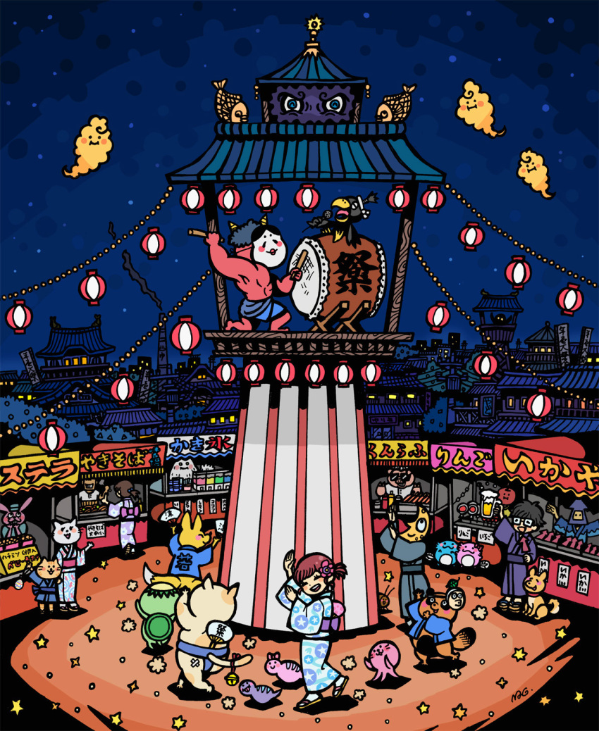 2boys 2girls armpits arms_up black_hair blue_eyes blue_sky brown_hair colored_skin dog drum festival fish flower food_stand fox garouma hair_flower hair_ornament highres instrument japanese_clothes kappa kimono lantern long_sleeves looking_at_viewer mask multiple_boys multiple_girls muscular muscular_male night night_sky obi oni original outdoors pectorals pink_flower purple_sash red_oni red_skin sandals sash short_hair sky star_(sky) starry_sky surreal tanuki topless_male wide_sleeves