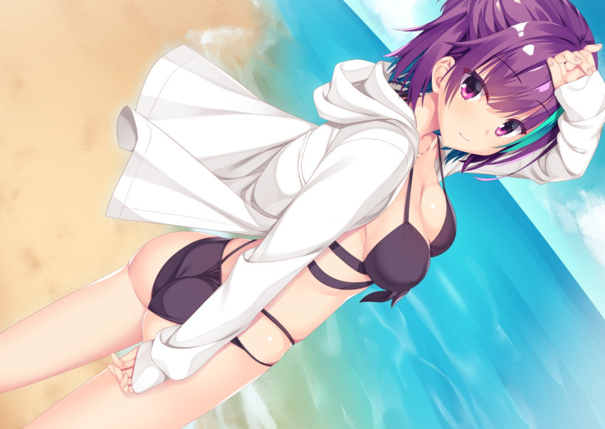 1girl 8kumagawa_(log) ass bangs beach bikini black_bikini blue_sky blush bow bow_bikini breasts cleavage closed_mouth cloud collarbone commentary_request dot_nose eyelashes fingernails hair_between_eyes hand_on_own_head head_tilt hood ibaraki_rino jacket large_breasts looking_at_viewer medium_hair ocean open_clothes open_jacket parquet_(yuzusoft) ponytail purple_eyes purple_hair skindentation sky sleeves_past_wrists smile solo swimsuit white_jacket wind wind_lift