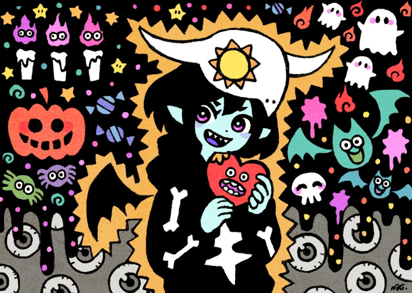 1girl aqua_eyes bangs bat_(animal) black_hair bug candle candy eyeball fire food garouma ghost grey_eyes halloween hands_up heart jack-o'-lantern looking_at_viewer medium_hair original pointy_ears purple_eyes purple_fire skull_on_head solo spider star_(symbol) upper_body