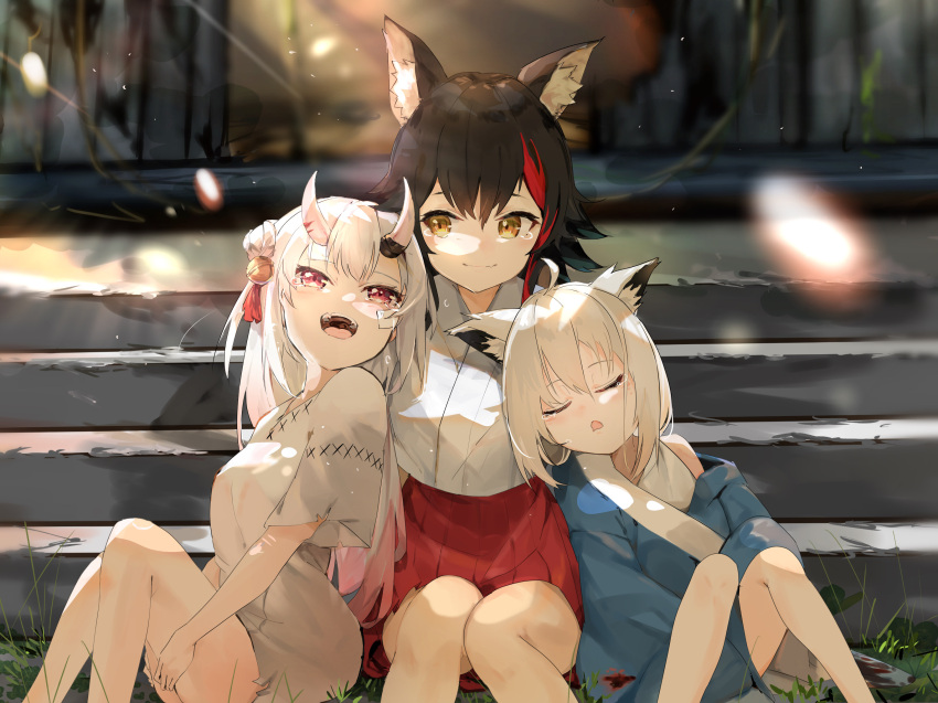 3girls aged_down animal_ears bandaid bandaid_on_face black_hair closed_eyes fox_ears fox_girl funi_mu9 hakama hakama_skirt highres hololive horns japanese_clothes miko multicolored_hair multiple_girls nakiri_ayame oni oni_horns ookami_mio open_mouth red_hair shirakami_fubuki sitting skirt sleeping smile stairs streaked_hair tears virtual_youtuber white_hair wolf_ears wolf_girl yellow_eyes