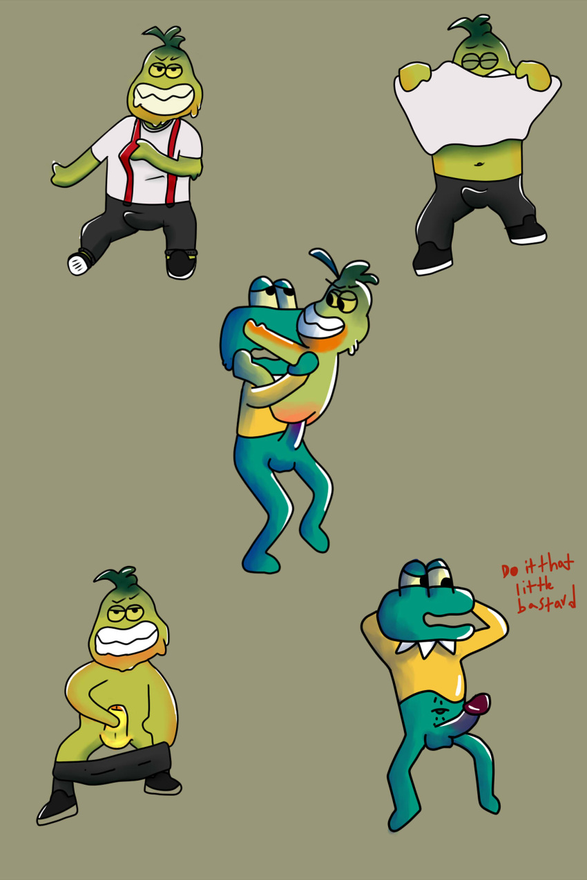 amphibian amphibian_humanoid andromorph animal_humanoid anthro balls carrying_position dreamworks duo erection fish frog frog_humanoid genitals grizzsai hi_res humanoid intersex male male/male marine mr._corneille_(the_amazing_world_of_gumball) mr._piranha_(the_bad_guys) nude penis piranha_(fish) scalie serrasalmid simple_background smile solo the_bad_guys