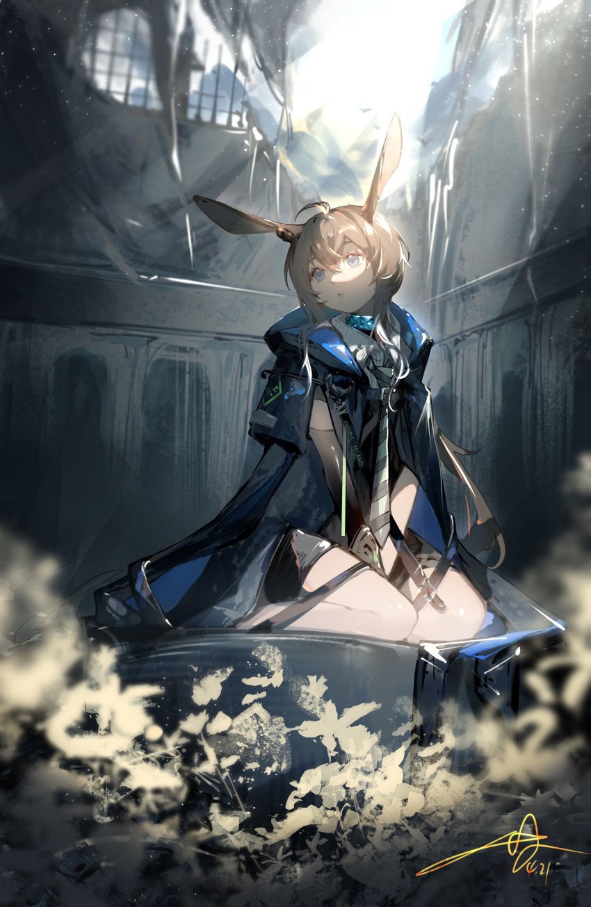 1girl absurdres ahoge amiya_(arknights) animal_ears arknights between_legs black_coat black_gloves blue_choker blue_eyes brown_hair choker closed_mouth coat coat_on_shoulders commentary_request elbow_gloves flower full_body gloves grey_necktie hand_between_legs highres kneeling light_particles light_rays looking_away looking_to_the_side luan_teng necktie official_alternate_costume open_clothes open_coat rabbit_ears revision ruins short_hair_with_long_locks sidelocks signature single_glove solo striped_necktie white_flower