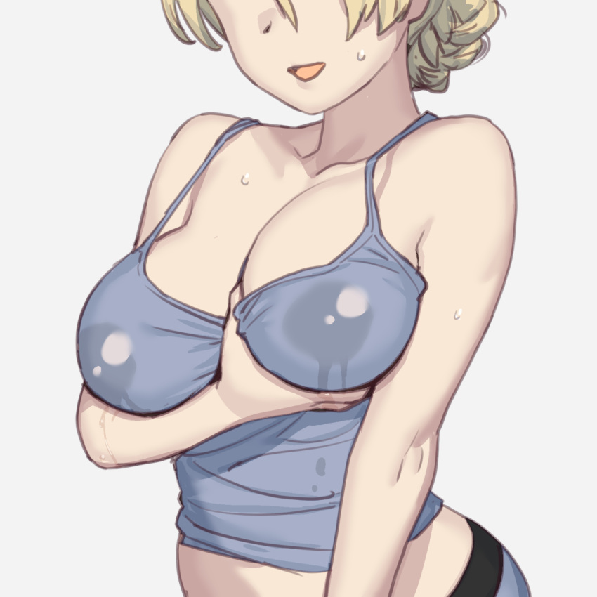 1girl :d bangs bare_shoulders blonde_hair blue_shirt breast_lift breasts camisole cleavage collarbone covered_nipples darjeeling_(girls_und_panzer) girls_und_panzer grabbing_own_breast highres lactation lactation_through_clothes medium_breasts milk onsen_tamago_(hs_egg) open_mouth shirt short_hair simple_background sleeveless smile solo standing sweatdrop white_background