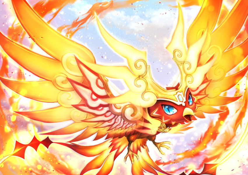 beak bird blue_eyes cloud commentary_request duel_masters duel_masters_play's feathers fire flame gem glowing highres looking_at_viewer ninjya_palette open_mouth outdoors phoenix sky slit_pupils sparkle