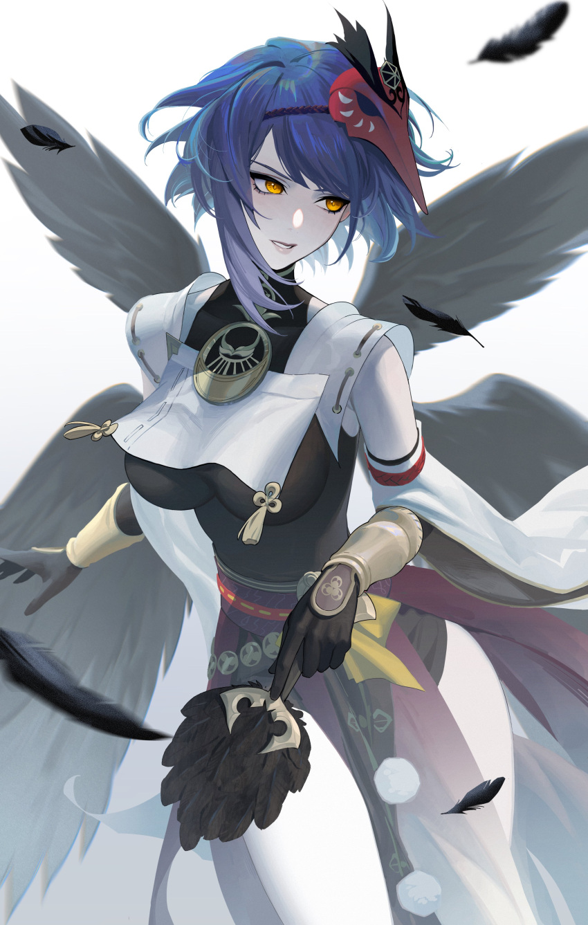 1girl absurdres bangs bird_mask bird_wings black_bodysuit black_feathers black_wings blurry bodysuit breast_curtain breasts feathered_wings feathers genshin_impact gloves hand_fan highres holding holding_fan kujou_sara large_breasts looking_to_the_side mask mask_on_head mitsudomoe_(shape) multiple_wings parted_lips pepepp39 red_mask short_hair solo tassel tengu tomoe_(symbol) vambraces wings yellow_eyes