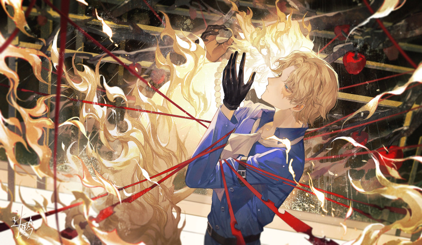 1boy apple bare_tree blonde_hair blue_shirt bound bound_arms fire food fruit gloves half-closed_eyes highres male_focus one_piece ribbon sabo_(one_piece) scar scar_across_eye shirt short_hair solo sqloveraven tree upper_body