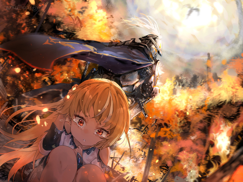 1girl aged_down armor blonde_hair burning cape dark-skinned_female dark_skin elf fire full_armor funi_mu9 helmet highres hololive knight long_hair multicolored_hair planted planted_sword pointy_ears red_eyes shiranui_flare squatting streaked_hair sword tears tree virtual_youtuber weapon white_hair