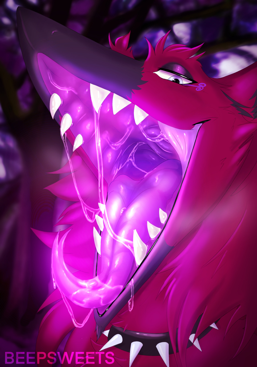 anthro beepsweets bodily_fluids collar digital_media_(artwork) female female_pred fur glowing glowing_tongue hi_res looking_at_viewer mammal mouth_shot open_mouth oral_vore purple_tongue red_body red_fur saliva saliva_string sergal smile solo spiked_collar spikes teeth teeth_showing throat tongue tongue_out vore