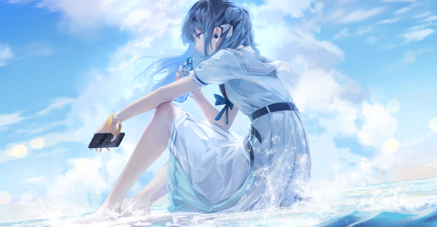 aritsuno barefoot belt blue_belt blue_bow blue_eyes blue_hair blue_sky bottle bow bracelet cellphone closed_mouth cloud day dress earbuds earphones floating_hair from_side highres holding holding_bottle holding_phone hololive hoshimachi_suisei jewelry knees_up long_hair looking_ahead outdoors phone profile sailor_collar sitting sky smartphone virtual_youtuber water waves white_dress wireless_earphones