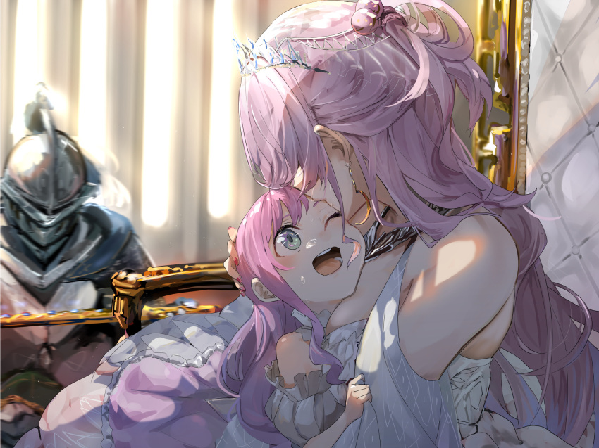 1other 2girls age_difference armor bangs bare_shoulders breasts dress earrings frilled_dress frills funi_mu9 hair_ornament hand_on_another's_head helmet highres himemori_luna hololive hug jewelry kiss kneeling knight long_hair medium_breasts medium_hair mother_and_daughter multiple_girls one_eye_closed open_mouth pink_hair puffy_sleeves queen single_hair_ring sitting smile tears throne throne_room tiara virtual_youtuber wavy_hair