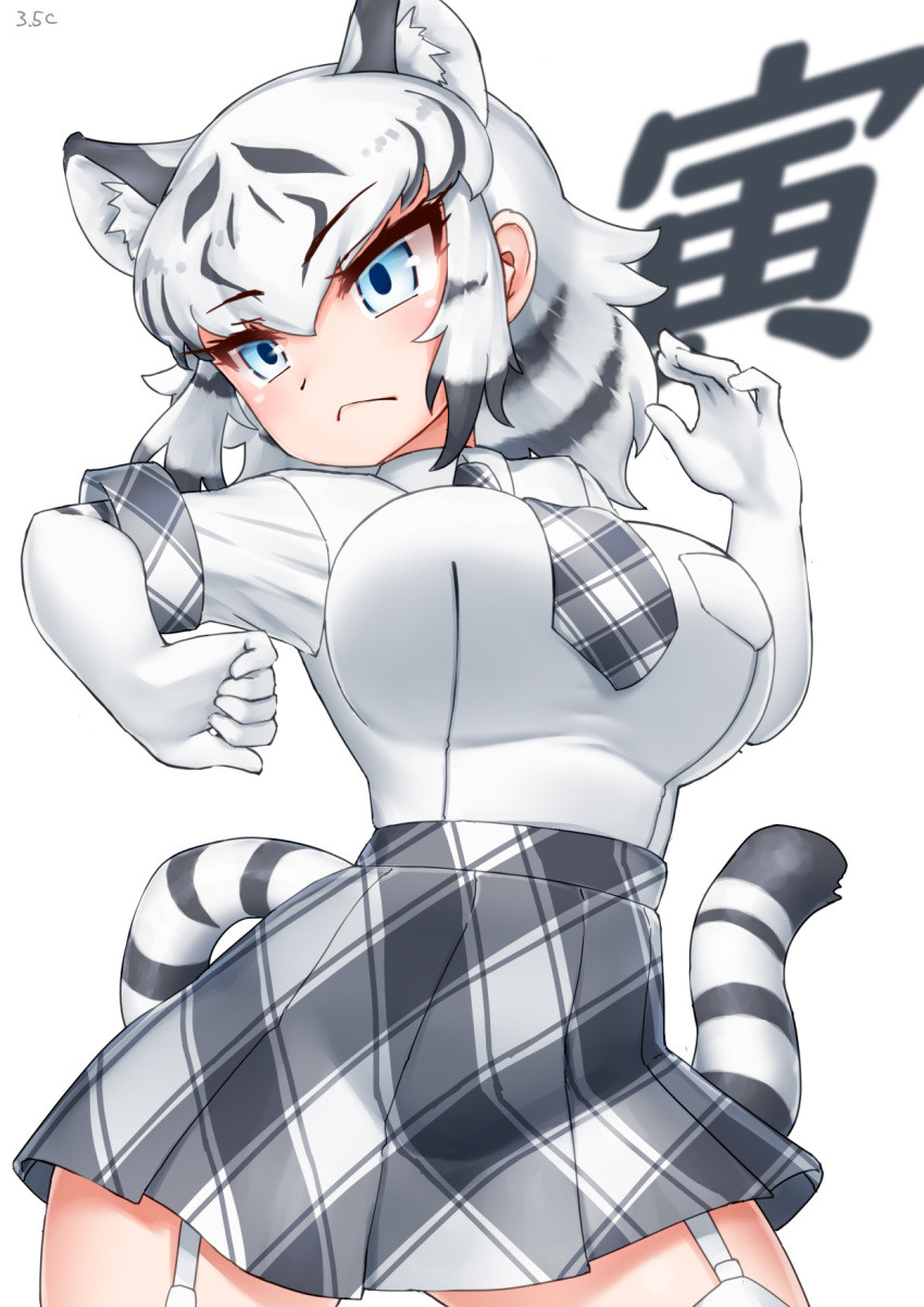 1girl animal_ears black_hair blue_eyes blush breast_pocket breasts closed_mouth elbow_gloves extra_ears gloves highres k-iv kemono_friends large_breasts multicolored_hair necktie plaid_necktie plaid_sleeves plaid_trim pocket simple_background skirt tail tiger_ears tiger_girl tiger_tail two-tone_hair white_background white_gloves white_hair white_tiger_(kemono_friends) white_tiger_print