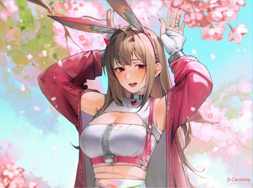 1girl :d absurdres animal_ears armpits arms_up belt blush breasts brown_hair cherry_blossoms cleavage earrings fake_animal_ears goddess_of_victory:_nikke highres horns jacket jewelry looking_at_viewer lufi_ays open_mouth purple_eyes rabbit_ears smile solo viper_(nikke)