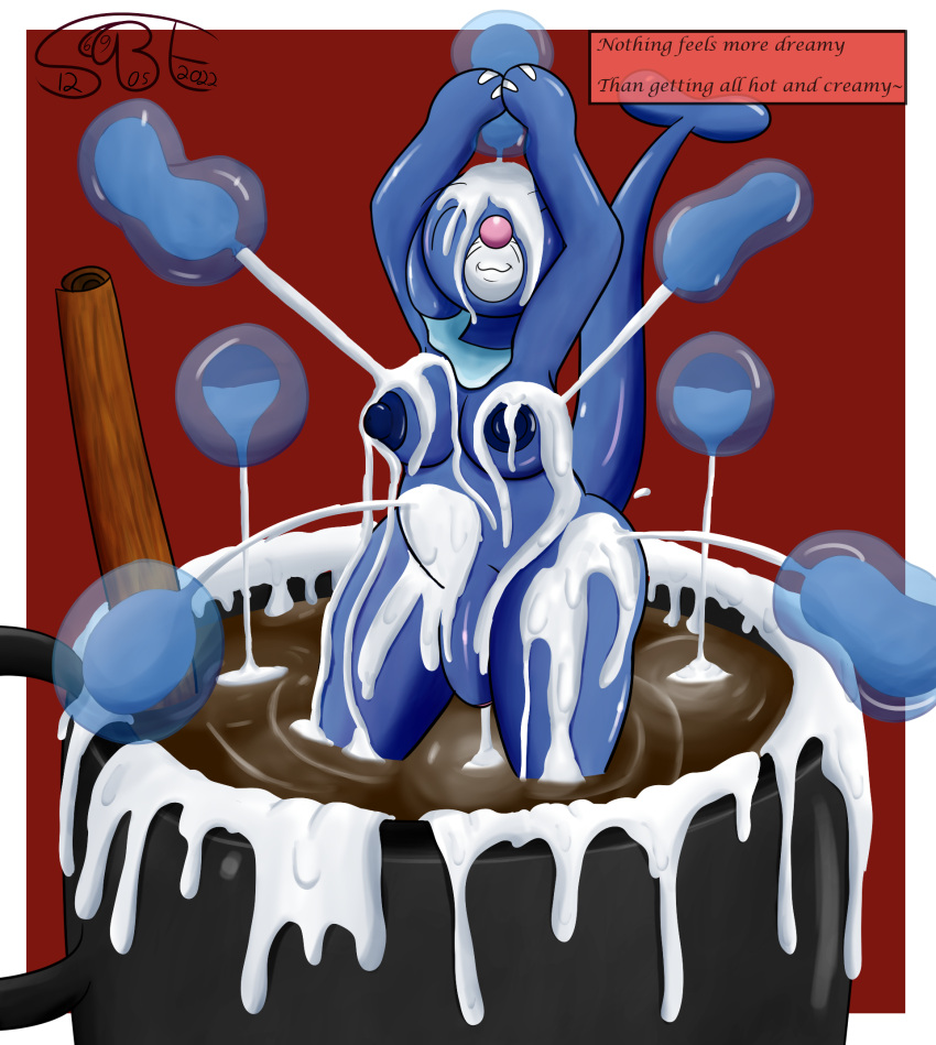 anthro beverage big_breasts blue_body bodily_fluids breasts bubble bukkake candy chocolate container cum cum_covered cup dessert excessive_cum excessive_genital_fluids fizzy_pop_the_popplio floppy_ears food generation_7_pokemon genital_fluids genitals herm hi_res holidays hot_chocolate intersex messy nintendo nude penis pokemon pokemon_(species) pokemorph popplio sexybigears69 smile solo tail text thick_thighs