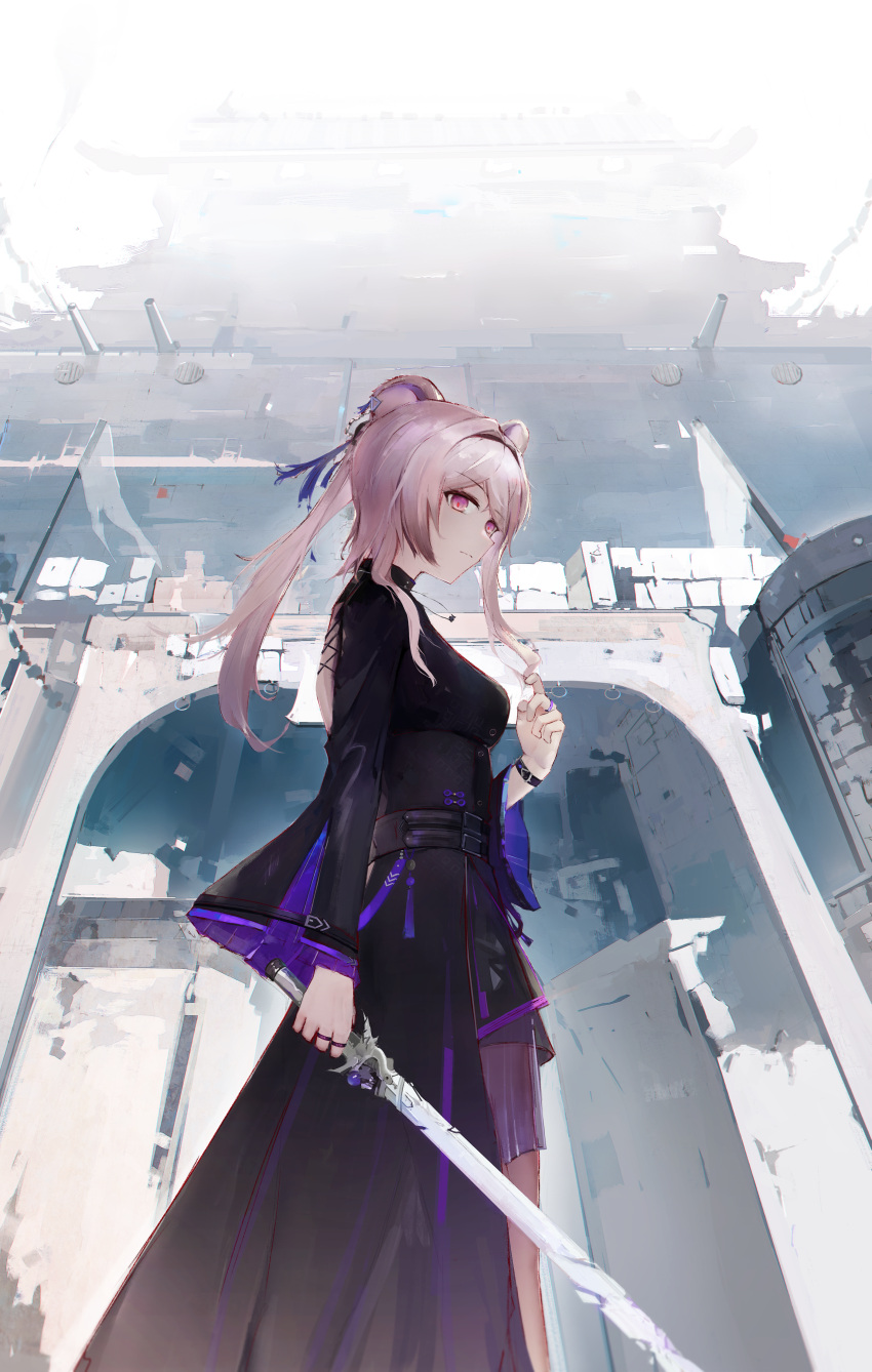 1girl absurdres animal_ears arknights black_dress breasts cannon castle commentary_request dress ear_ornament feet_out_of_frame flag hair_over_one_eye hand_up highres holding holding_sword holding_weapon hxhln jewelry lin_(arknights) long_dress long_hair long_sleeves looking_to_the_side medium_breasts multiple_rings parted_lips pink_hair ponytail purple_eyes ring solo sword weapon white_flag wristband