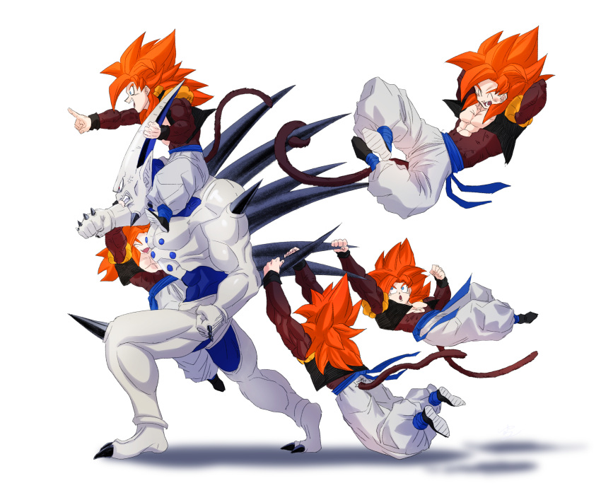 absurdres blue_sash body_fur dragon dragon_ball dragon_ball_(object) dragon_ball_gt dragon_ears dragon_horns dragon_tail gogeta highres horns metamoran_vest monkey_boy monkey_tail muscular muscular_male omega_shenron pointy_ears sash super_saiyan super_saiyan_4 tail yuuri_(fukuroudou)