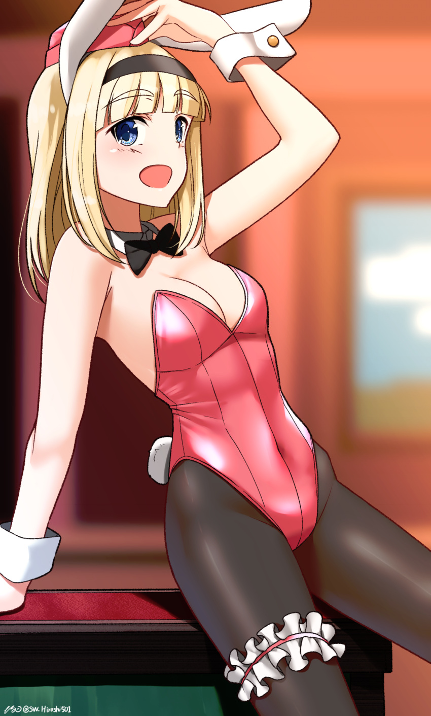1girl animal_ears black_bow black_bowtie black_pantyhose blonde_hair blue_eyes blush bow bowtie breasts chinese_zodiac cleavage covered_navel fake_animal_ears fake_tail hairband hat highres hiroshi_(hunter-of-kct) indoors leotard looking_at_viewer luminous_witches maria_magdalena_dietrich open_mouth pantyhose playboy_bunny rabbit_ears rabbit_tail small_breasts smile solo tail world_witches_series year_of_the_rabbit