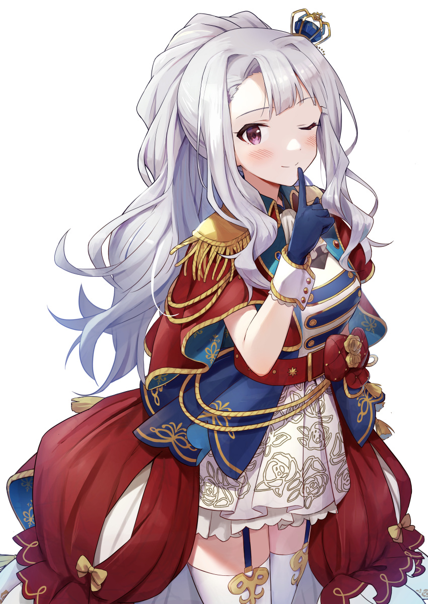 1girl ;) absurdres aiguillette belt_buckle blush buckle capelet commission crown epaulettes finger_to_mouth garter_straps gloves grey_hair highres idolmaster idolmaster_million_live! idolmaster_million_live!_theater_days long_hair looking_at_viewer mini_crown one_eye_closed pixiv_commission pleated_skirt ponytail red_capelet shijou_takane shushing shuucream_(syuichi) sidelocks simple_background skirt smile solo thighhighs very_long_hair white_background white_thighhighs wrist_cuffs