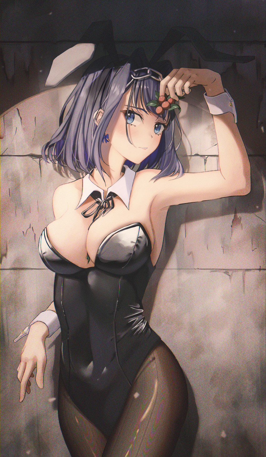 1girl absurdres alternate_costume animal_ears armpits bangs bare_shoulders berry between_breasts black_leotard black_ribbon blue_eyes blue_hair breasts brown_pantyhose chain_headband cleavage covered_navel detached_collar fake_animal_ears hair_intakes highres holding holding_plant hololive hololive_english isolatediev large_breasts leaf leotard light_blush medium_hair neck_ribbon ouro_kronii pantyhose parted_lips plant playboy_bunny rabbit_ears ribbon ribbon_earrings solo spotlight standing stone_wall strapless strapless_leotard virtual_youtuber wall white_wrist_cuffs wrist_cuffs