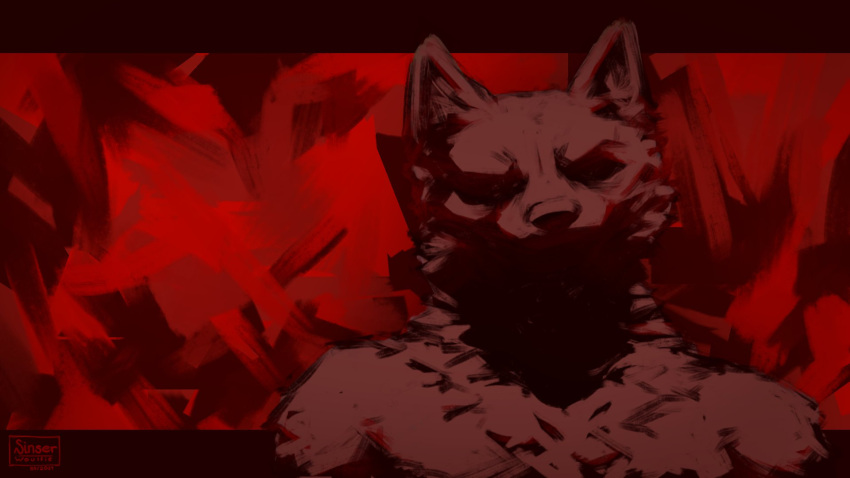 abstract_background anthro bust_portrait canid canine canis colored colored_sketch digital_drawing_(artwork) digital_media_(artwork) fur hi_res hidden_eyes male mammal portrait red_background shaded shadow simple_background sinser sinser_(character) sketch solo wolf