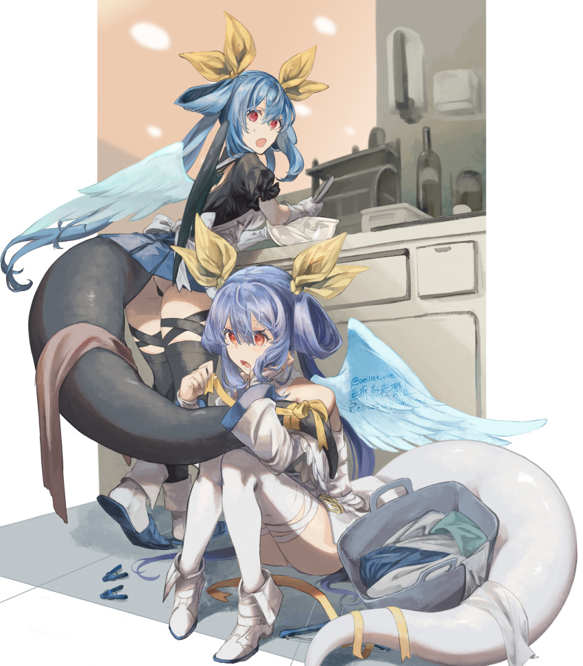 2girls absurdres alternate_color angel_wings apron ass asymmetrical_wings bangs black_thighhighs blue_hair border bowl butt_crack cooking dizzy_(guilty_gear) dual_persona food gloves guilty_gear guilty_gear_xrd hair_between_eyes hair_ribbon hair_rings highres indoors kitchen long_hair maid_apron monster_girl multiple_girls oeillet_vie open_mouth red_eyes ribbon shelf sidelocks single_wing sitting skirt slippers spoon standing tail tail_ornament tail_ribbon thigh_strap thighhighs twintails twitter_username upskirt white_border white_gloves white_thighhighs white_wings wings yellow_ribbon