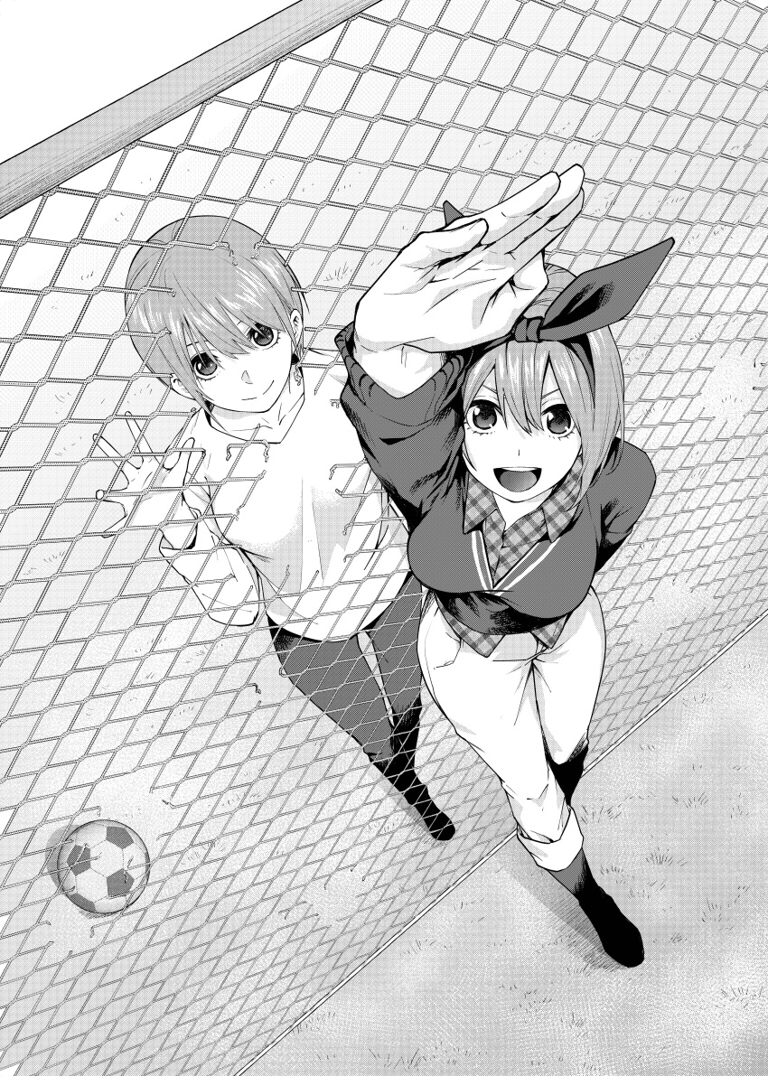 2girls absurdres arm_behind_back arm_up ball bangs black_footwear breasts closed_mouth commentary_request eyelashes fence from_above full_body go-toubun_no_hanayome hair_between_eyes hair_ribbon hairband hand_on_wall highres jacket kosmos_beta large_breasts looking_at_viewer looking_up medium_hair monochrome multiple_girls nakano_ichika nakano_yotsuba open_hand open_mouth pants plaid plaid_shirt ribbon round_teeth shirt short_hair smile soccer_ball straight_hair teeth upper_teeth_only white_shirt