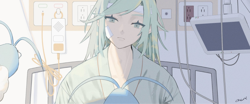 1boy androgynous bandage_on_face bandaged_head bandages bed blue_eyes blue_hair diamond-shaped_pupils diamond_(shape) electrical_outlet grusha_(pokemon) highres hospital hospital_bed hospital_gown injury light_blue_hair long_hair pokemon pokemon_(creature) pokemon_(game) pokemon_sv sameniku_umai swablu symbol-shaped_pupils