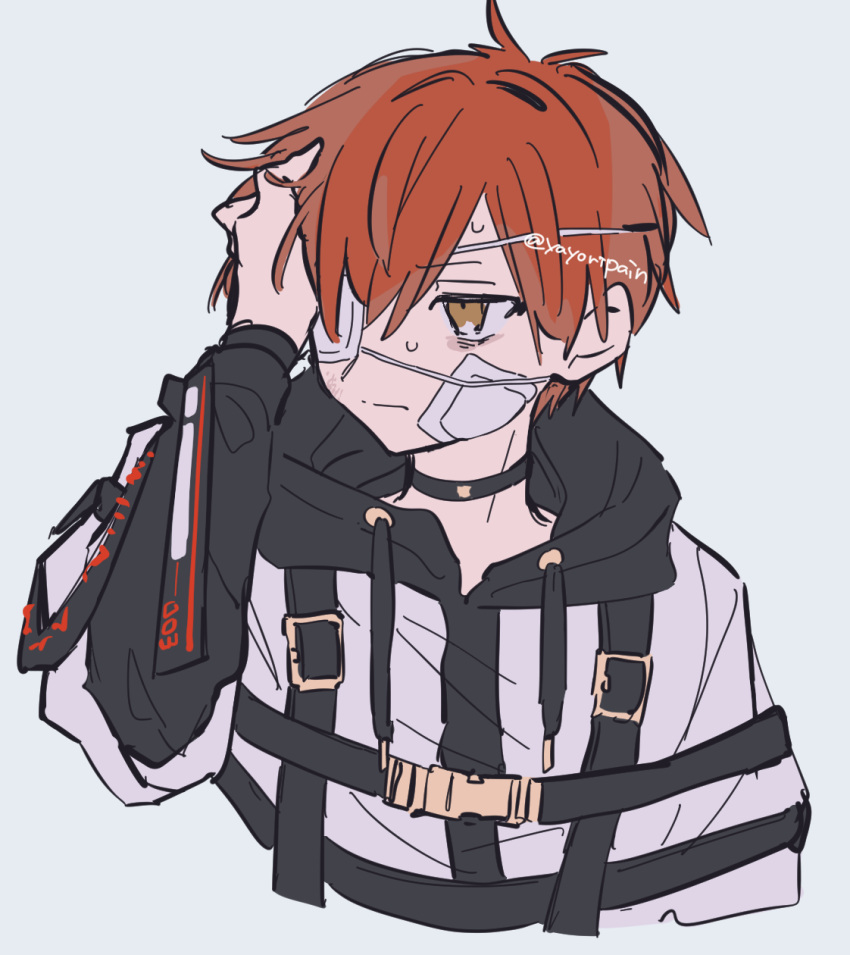 1boy black_choker black_shirt brown_eyes choker eyepatch grey_background highres hood hood_down hoodie kajiyama_fuuta long_sleeves looking_to_the_side male_focus milgram one_eye_covered red_hair shirt short_hair solo twitter_username white_hoodie yayoripain