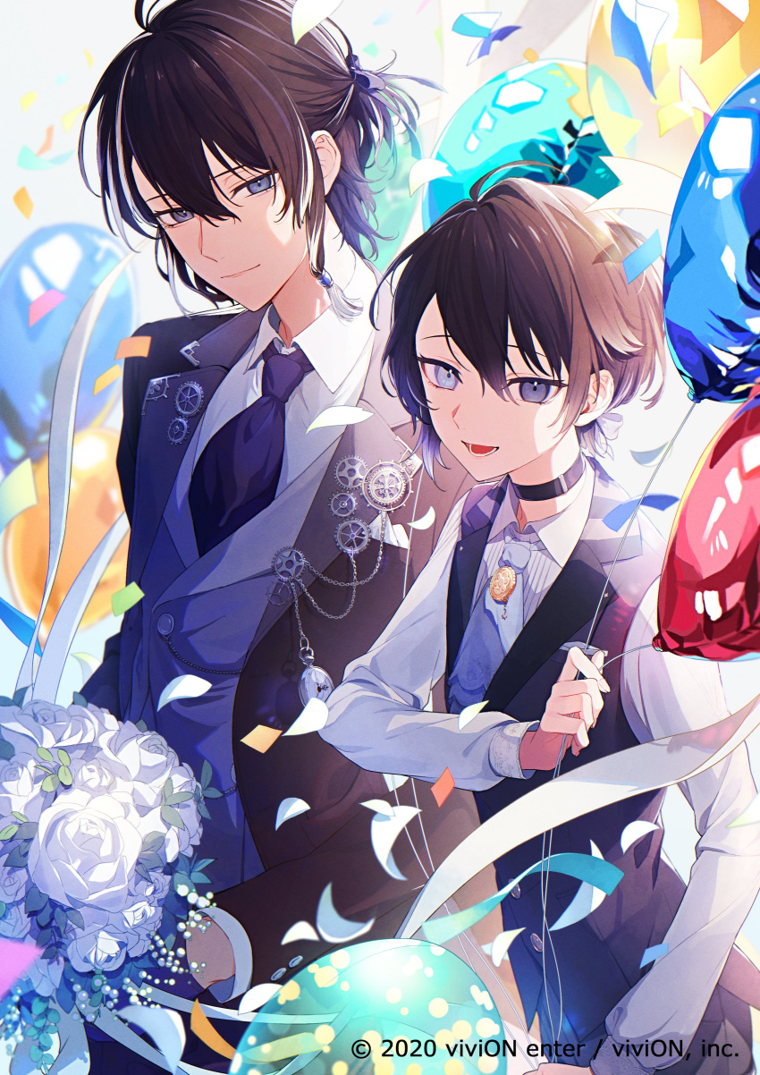 2boys absurdres aoppoi_oto balloon black_hair blue_flower bouquet clock_over_orquesta closed_mouth dual_persona flower grey_eyes heterochromia highres holding holding_bouquet looking_at_viewer male_child male_focus multicolored_hair multiple_boys open_mouth purple_eyes short_hair smile tokito_reiji white_background white_hair